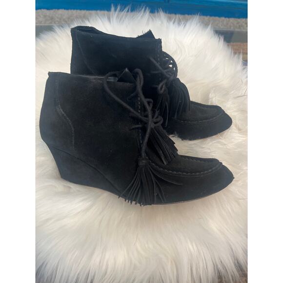 Rebecca Minkoff Collection Shoes - Rebecca Minkoff black suede leather tassel ankle booties with a wedge heel. 7.5